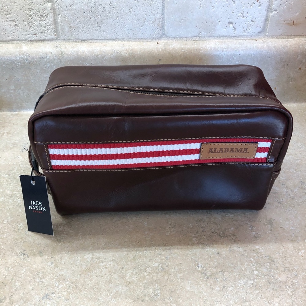 Brown and crimson toiletry bag